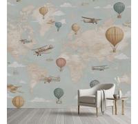Pggong World Map Silk Fabric Mural Wallpaper, 200x140 cm Murals, Hot Air Balloon Biplane Wall Mural, Adventure Vintage Wall Sticker Self-Adhesive Decoration for Living Room Bedroom