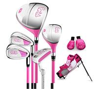 PGM Junior Golf Club Complete Set for Children Kids, 6-8 Age Groups 5 Golf Clubs with Stand Bag and 2 Headcovers for Boys & Girls, Right Hand, Pink