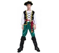 PGOND Adult Deluxe Pirate Costume with Hat, Gold Trim Vest, Green Pants and Boots, Adult Size Halloween Costume, Orange and Black, One size