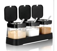 PGPBVLVGHM 9 oz Condiments Container Seasoning Jars, Kitchen Spicy Jars with Lids and Spoons, Tea Coffee Sugar Canisters Glass Spice Box, Set of 3 for Coffee Shop(Black)