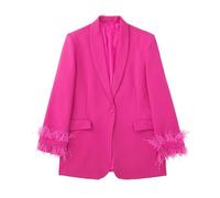PGPBVLVGHM Women Feather Single Button Blazer Jacket Notched Neck Long Sleeves Female Chic Outerwear(Rosered,S)