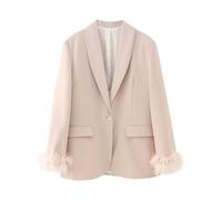 PGPBVLVGHM Women Feather Single Button Blazer Jacket Notched Neck Long Sleeves Female Chic Outerwear(Khaki,L)