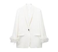 PGPBVLVGHM Women Feather Single Button Blazer Jacket Notched Neck Long Sleeves Female Chic Outerwear(Beige,L)