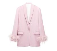 PGPBVLVGHM Women Feather Single Button Blazer Jacket Notched Neck Long Sleeves Female Chic Outerwear(Pink,M)