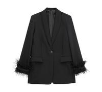 PGPBVLVGHM Women Feather Single Button Blazer Jacket Notched Neck Long Sleeves Female Chic Outerwear(Black,S)