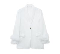 PGPBVLVGHM Women Feather Single Button Blazer Jacket Notched Neck Long Sleeves Female Chic Outerwear(White,L)