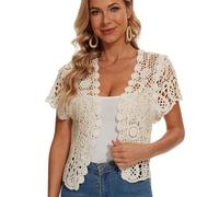PGPBVLVGHM Women’s Short Sleeve Lace Shrugs Cardigan Crochet Sheer Crop Jacket(Beige,M)