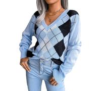 PGPBVLVGHM Women's Argyle Plaid Sweater Casual Long Sleeve V-Neck Kintted Pullover Sweater(Blau,L)