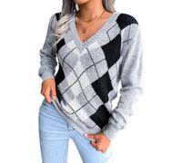 PGPBVLVGHM Women's Argyle Plaid Sweater Casual Long Sleeve V-Neck Kintted Pullover Sweater(Grau,M)