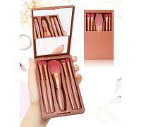 PGRODE Mini Travel Size Makeup Brush Set Cute Portable Brush Kit, Small Complete Function Cosmetic Brushes Set with Case and Mirror,5PC (Red)