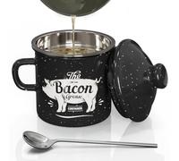 PGYARD Mini Bacon Grease Container With Strainer - 15OZ Enamel Grease Saver, Farmhouse Bacon Grease Keeper For Kitchen Fat Storage, Dishwasher Safe-Black