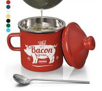 PGYARD Mini Bacon Grease Container With Strainer - 15OZ Enamel Grease Saver, Farmhouse Bacon Grease Keeper For Kitchen Fat Storage, Dishwasher Safe-Red