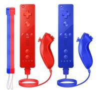 PGYFDAL Wii Controller 2 Pack, Wii Remote Controller and Nunchuck Joystick with Silicone Case and Wrist Strap for Holiday (Red and Dark Blue)