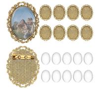 PH PandaHall 10 Sets Brooch Cabochon Making Kit, 40x30mm Vintage Oval Brooch Bezel Blank Memorial Photo Pins with Clear Glass Cabochons for Jewellery Making Wedding Graduation Party, Antique Golden