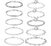 PH PandaHall 10 Styles Chain Bracelets, Cuban Link Bracelet Stainless Steel Rope/Paperclip/Snake Curb Chunky Chain Bracelet Wrist Band for Men Women Dad Husband Jewellery Set, 7-1/4~8-5/8 inch