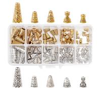 PH PandaHall 100pcs 5 Style Cone Bead Caps Tibetan Style Alloy Flower Bead Caps, Antique Sliver Golden Spacers Tassel End Caps Beads for Crafts Earring Necklaces Keychain Pendants Jewelry Making