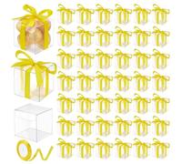 PH PandaHall 100pcs Clear Mini Favor Boxes 2x2x2 Clear Gift Boxes Cube Treat Box with Yellow Ribbon Macaron Candy Box for Chocolate Candies Cookies Muffins Treats Wedding Favors Shower Party