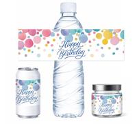 PH PandaHall 100pcs Happy Birthday Water Bottle Labels, Polka Dots Bottle Stickers Decorative Waterproof Bottles Wraps Wraparound Labels for Birthday Party Favors Event Water Label