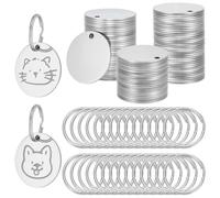 PH PandaHall 100pcs Metal Stamping Blanks, Flat Round Stainless Steel Blank with Key Rings Blank Dog Tags with Hole for Engraving Earring Chain Charms Jewellery Keychain Craft Making, 1.18inch