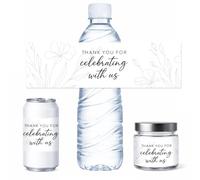 PH PandaHall 100Pcs Water Bottle Wraps Waterproof Decorative Sticker with Floral Patterns Thank You for Celebraiting with Us Stickers for Wedding, Bridal,Birthday Party Event Decorations