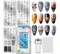 PH PandaHall 102 Patterns Nautical Nail Stamping Plates 3pcs Ocean Beach Nails Art Stencils Coastal Anchor Nails Art Printing Template Shell Starfish Nails Image Plates for Women DIY Manicures Salon