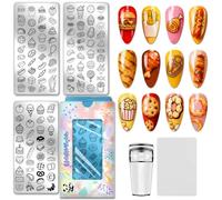 PH PandaHall 111 Patterns Food Nail Stamping Plates 3pcs Dessert Cakes Nails Art Stencils Ice Cream Friut Nail Stamper Bread Pizza Nails Image Plates for Women DIY Home Manicures Salon Supplies
