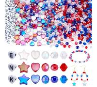 PH PandaHall 1120pcs Faceted Patriotic Bead 16 Style 6mm Red White Blue Flag Beads Independence Day Beads 8mm 11mm Heart Star Letter Bead for Bracelet Necklace Jewellery Making Craft