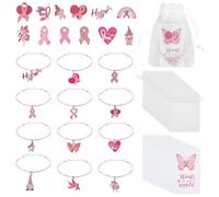 PH PandaHall 12 Sets Breast Cancer Awareness Bracelets, Adjustable Waxed Cord Bracelets with Enamel Charm Pink Mental Health Brooch Thank You Card and Organza Bag for Women Gift Awareness Month