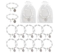 PH PandaHall 12 Sets Rosary Bracelet Bulk with Mesh Bags, 8mm Clear Beaded Stretch Bracelet Baptism Favor Bracelets with Cross Oval Charm for Baptism Funeral Favor Communion Decorations Easter Gifts