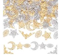 PH PandaHall 120pcs 4 Styles Moon Star Filigree Connectors Charms Hollow Pendants Embellishments Filigree Corner Triangle Links for Ramadan Jewellery Making Hairpin Headwear Earring, Platinum/Golden