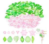 PH PandaHall 120pcs Green Leaf Beads Pink Flower Beads 12 Styles Transparent Acrylic Bead Crystal Loose Spacer Bead for Phone Charms Keychains Earrings Jewellery Bracelet Beading Crafting