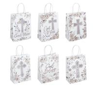PH PandaHall 12pcs God Bless Paper Gift Bags 6 Style Cross Party Favor Bags White Rectangle Flower Cross Bag with Handles for Baptism Celebrations Birthday Party Decoration 5.9x3.1x8.3inch