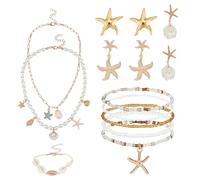 PH PandaHall 12pcs Mermaid Costume Jewellery Set Seashell Bracelet Layer Anklet Gold Starfish Earrings Pearl Shell Necklace Boho Beach Mermaid Accessories for Women Summer Holiday Coastal Dress Gift