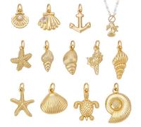 PH PandaHall 12Pcs Ocean Theme Charms Real 18K Gold Plated Beach Seashell Jewellery Brass Ocean Animal Charms, Golden Marine Starfish Summer Charm for Bracelets Jewellery Making, 0.6~1"