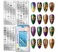 PH PandaHall 135 Patterns Mardi Gras Nail Stamping Plates 3pcs Carnival Nail Art Templates Musical Instrument Manicure Art Stencils Letter Nails Stamper for Women Celebration Manicures Salon Printing