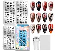 PH PandaHall 138 Pattern Thorn Nail Stamping Plates 3pcs Flame Nail Art Templates Punk Style Nails Art Plate Heart Manicure Image Plates Rose Nails Stamper for Women Manicures Home Salon DIY Print