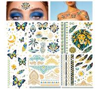 PH PandaHall 159 Patterns Glitter Temporary Tattoos 20 Sheets Butterfly Feathers Lion Tattoo Sticker Retro Metallic Tattoo Sun Moon Star Body Art Tattoos for Women Men Festivals Party Decor, 5 Styles