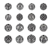 PH PandaHall 16 Styles 304 Stainless Steel Beads 8mm 10mm Round Spacer Beads with Flower Design Antique Silver Jewellery Making Bead for DIY Bracelet Necklace Keychain Crafting Gifts