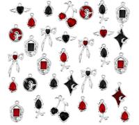 PH PandaHall 16 Styles Gothic Charms 32pcs Black Red Halloween Pendant Heart Bow Charm Punk Style Dangle Pendants Flower Star Enamel Charms for Jewellery Making Bracelet Necklaces DIY Craft
