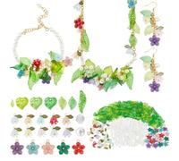 PH PandaHall 160pcs Enamel Flower Charms Floral Acrylic Lily Pendants Leaf Charm and 305pcs Glass Beads for Jewellery Making DIY Necklace Bracelet Earring Crafting