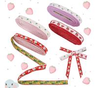PH PandaHall 18.2m Strawberry Print Ribbon 4 Colors Fruit Ribbon 15mm Wide Fabric Ribbons Strawberry Craft Ribbons for Gift Wrapping DIY Sewing Birthday Floral Party Decor