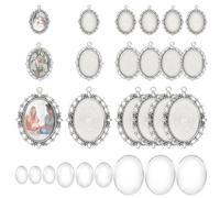 PH PandaHall 18 Sets 3 Sizes Pendant Tray Kit, 18pcs Oval Pendant Blank Bezel Tibetan Alloy Photo Pendants 18pcs Transparent Glass Cabochons for Necklace Wedding Bouquet Photo Charm, Antique Silver