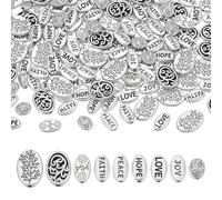 PH PandaHall 180pcs 9 Styles Faith Beads Oval Spacer Beads with Words Tibetan Style Silver Spacer Bead Metal Craft Bead for Bracelet Necklace Jewellery Making Handicrafts 7~14mm