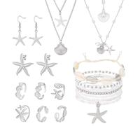 PH PandaHall 18Pcs Seashell Necklace Seashells Earrings Rings Summer Beach Bracelets Seashell Starfish Jewelry Set, Boho Layer Necklace, Ocean Jewelry for Women Halloween Mermaid Costume