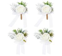 PH PandaHall 2 Sets Corsage and Boutonniere Set Rose Corsage Wristlet Band Bracelet and Men Boutonniere Set Prom Flower Bracelets for Bride Groom Bridesmaid Wedding Party Prom Suit Decoration, White