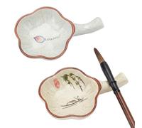 PH PandaHall 2 Styles Flower Ceramic Ink Plate Porcelain Ink Dish with Handle Multifunctional Inkwell Dish Calligraphy Brush Rest Holder for Writings Chinese Calligraphy Japanese Painting Practice