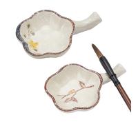 PH PandaHall 2 Styles Flower Ceramic Ink Plate Porcelain Ink Well Dish with Handle Calligraphy Brush Holder Multifunctional Inkwell Dish for Chinese Calligraphy Writings Japanese Painting Practice