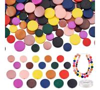 PH PandaHall 200pcs 10 Colours Flat Wood Beads 15mm/20mm Round Wooden Coins Colourful Wood Spacers Craft Beads for African Necklace Bracelet Jewellery Making with 10m Elastic Thread