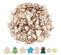 PH PandaHall 200pcs 4 Styles Wood Christmas Ornaments Mini Wooden Stars Bell Unfinished Wood Snowflake Pieces Christmas Tree Blank Wooden Cutouts Ornament for Xmas Holiday Party DIY Crafts Home Decor