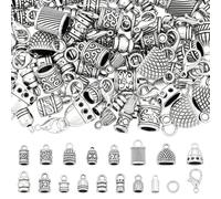 PH PandaHall 234PCS Leather Tassel Cap Cord Ends Caps Glue in Leather Cord End Tassel Caps Thread Ends Cord Link Buckle for Kumihimo Jewelry Making Bracelet Necklace, Antique Silver & Platinum